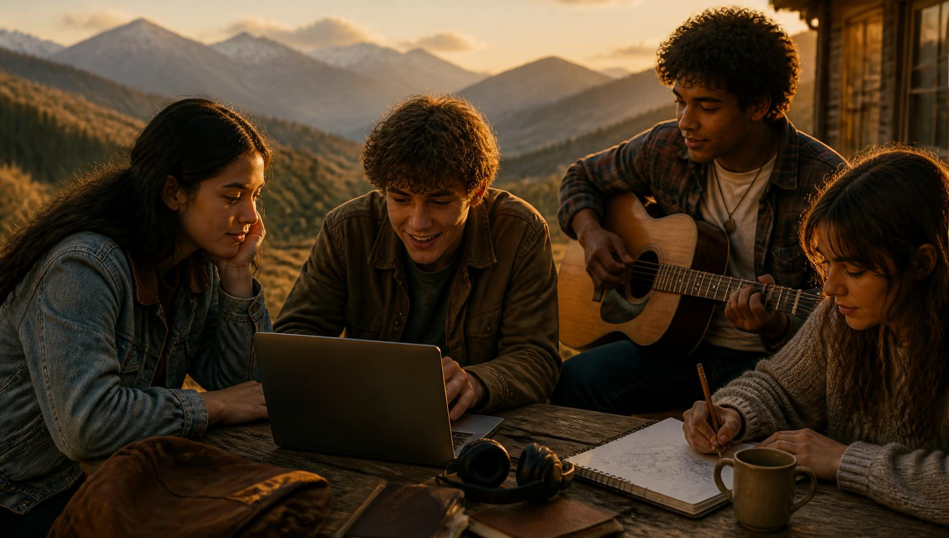 Young people writing, playing guitar and working on a laptop on a porch at sunset, mountains behind them